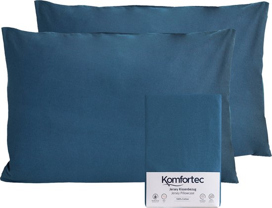 Komfortec Set de 2 Taies d'Oreiller Jersey Premium Taies d'oreiller cm - Housse de Coussin Super Douce - 100% - Coton Bleu - 150 g/m² -