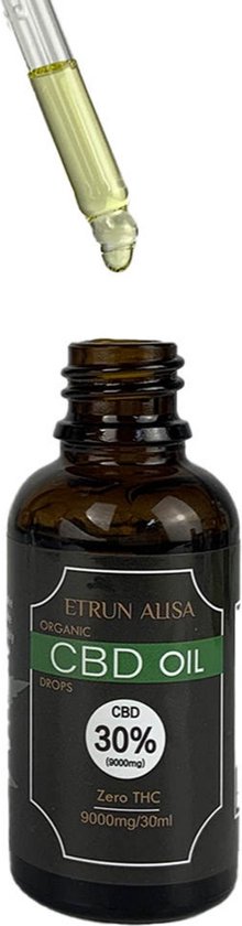Bruine fles ETRUN ALISA CBD OIL, 30% CBD. Druppelaar met olie erboven.