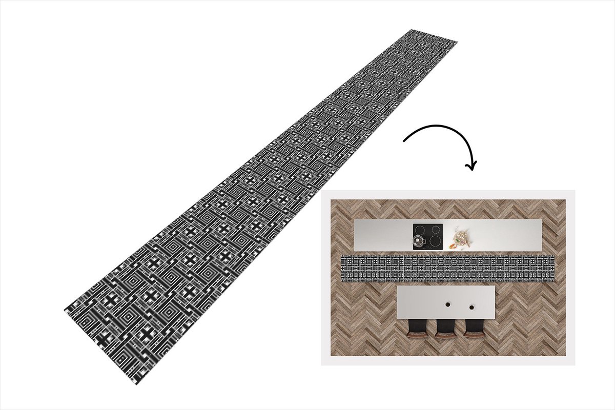 Keukenloper - Keukenmat - Geometrie - Patroon - Zwart - 480x60 cm - Keuken vloerkleed