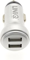 UNIQ Accessory USB Autolader Lightning 2.4A (wit) - Auto Lader met 2 USB 2.4A Oplaad Poorten - Oplader voor Navigatie / Telefoon / Tablet in de Auto - Autostekker - Car Charger Wit-