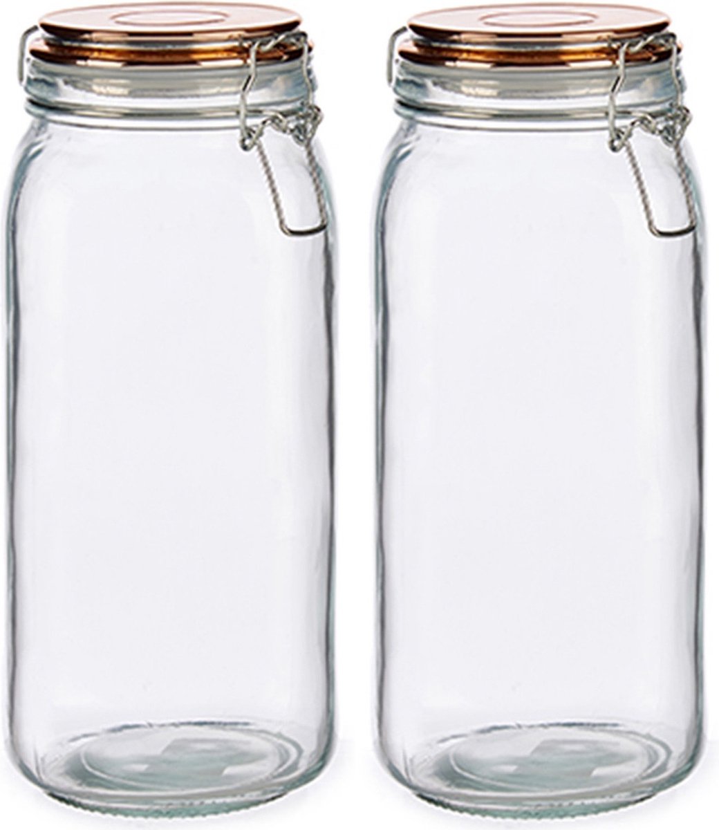 Vivalto Weckpot/voorraadpot - Set van 2x stuks - glas - 2100 ml - 11 x 25 cm - met klepdeksel koper - luchtdicht