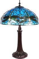 LumiLamp Tiffany Tafellamp Ø 41*57 cm E27/max 2*40W Blauw Metaal, Glas Libelle Tiffany Bureaulamp Tiffany Lampen Glas in Lood