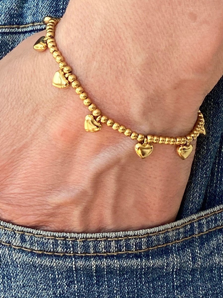 Bedelarmband met hartjes Amore goud verguld - Kralen armband met hartje - Goudkleurige armband met geschenkverpakking - Bedelarmband goudkleurig van Sophie Siero