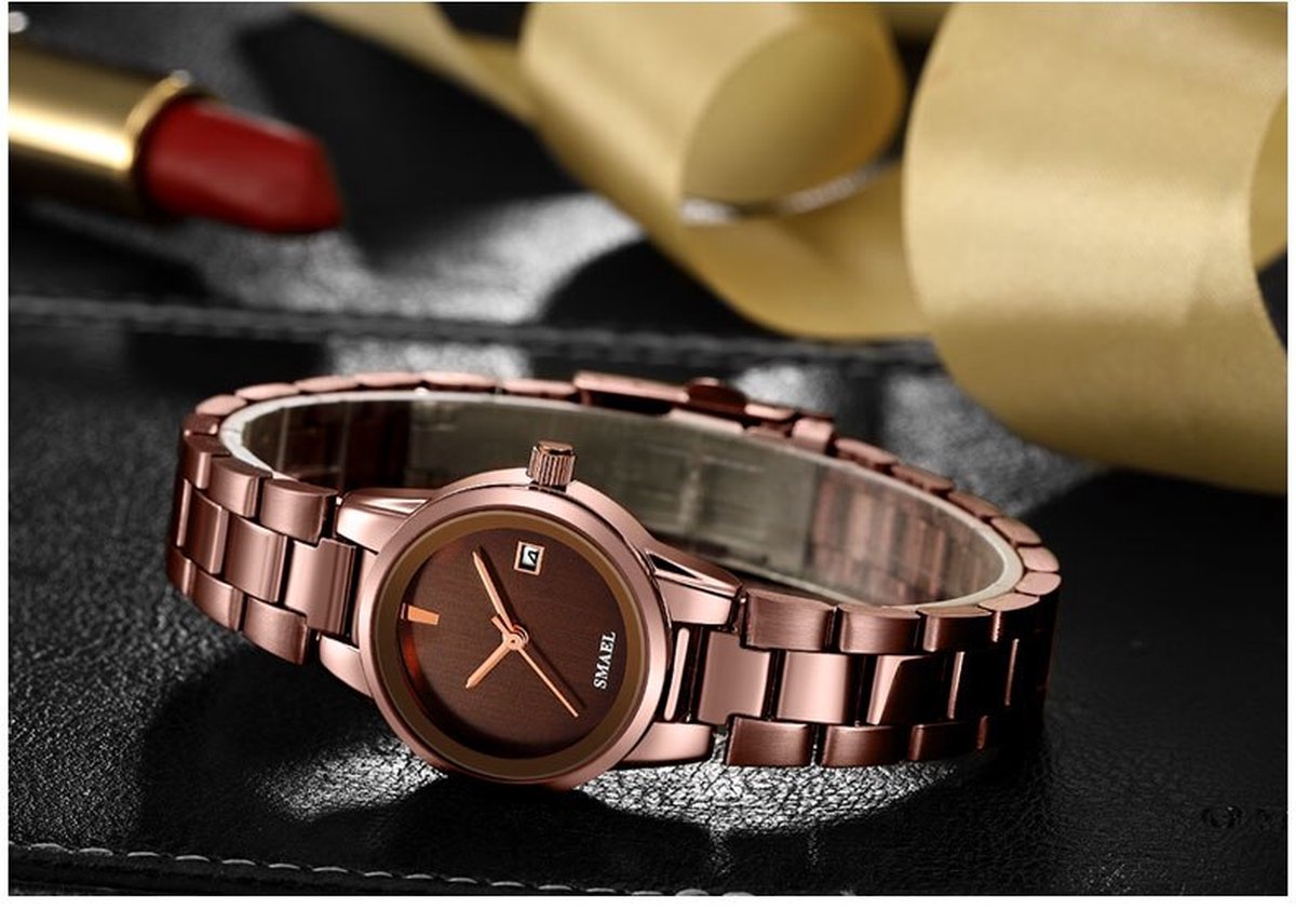 Modieus en stijlvol Horloge | SMAEL | 9004 | Brons - koper kleurig | Crystal glass | Premium kwaliteit uurwerk | Mineraal | Geschenk | Fashion | Elegant | Dames | Vrouw |