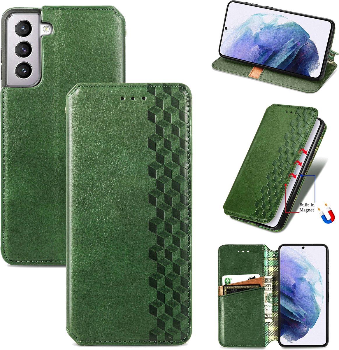 Luxe PU Lederen Ruitpatroon Wallet Case + PMMA Screenprotector voor Galaxy S21 5G _ Groen