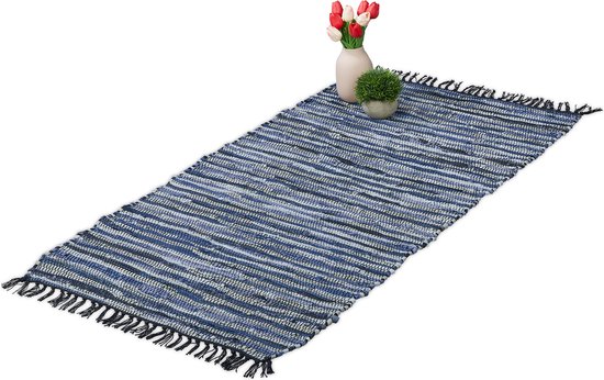 Relaxdays vloerkleed - leder en katoen - tapijt - antislip - chill mat - lappen - franjes - Blauw, 70x140cm