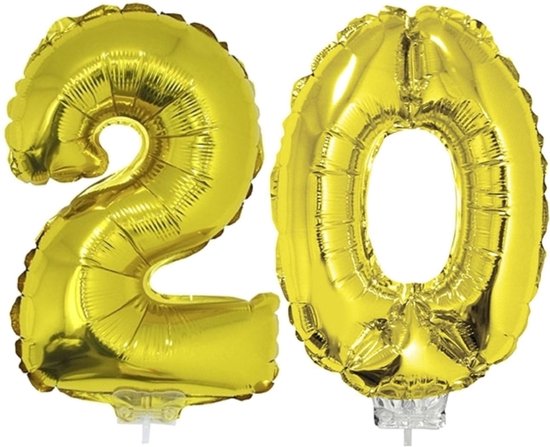 20 jaar leeftijd feestartikelen/versiering cijfers ballonnen op stokje van 41 cm - Combi van cijfer 20 in het goud