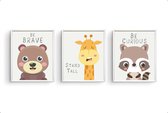 Poster Set 3 Dieren beer giraf wasbeer met blije tekst - Dieren motivatie / Dieren / Dieren Poster / Babykamer - Kinderposter 30x21cm