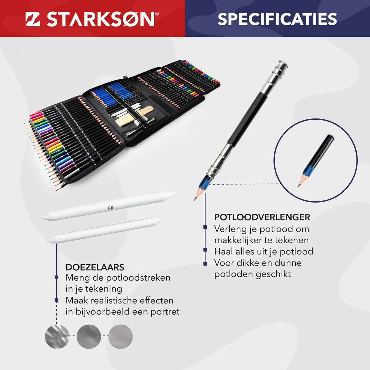 STARKSØN 145-Delige Teken Set Incl. Kleurpotloden, Schets Potloden, Houtskool, Schetsboek, Etui & Accessoires - Blending - Tekendoos Voor Volwassenen & Kinderen — afbeelding 13