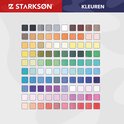 Vakken met 100 kleursamples in rastervorm, met 'STARKSØN' en 'KLEUREN' logo's.