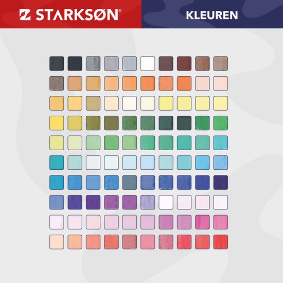 Vakken met 100 kleursamples in rastervorm, met 'STARKSØN' en 'KLEUREN' logo's.