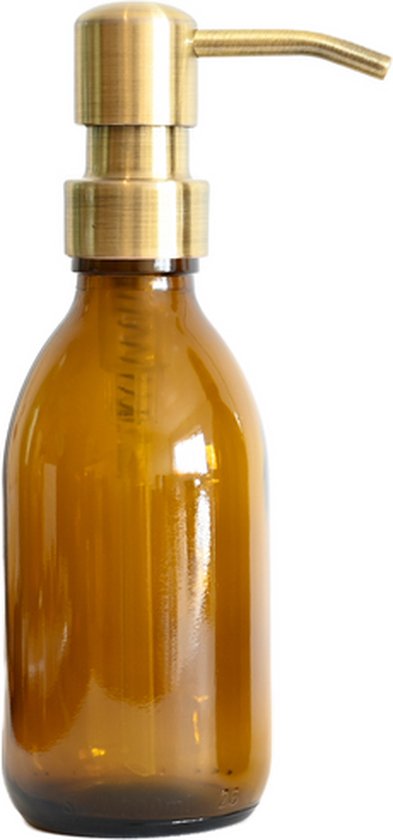 Groeikruid® Mini Zeeppompje | Zeepdispenser Vrijstaand | 200 ml Amber Glas met RVS pompkop | Bronsgoud