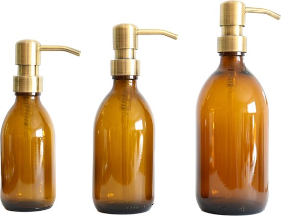 Groeikruid® Zeeppompjes Set voor Keuken, Badkamer en Toilet | Zeepdispensers 200 ml + 300 ml + 500 ml | Vrijstaand en Hervulbaar | Amber Glas met RVS pompkop | Bronsgoud