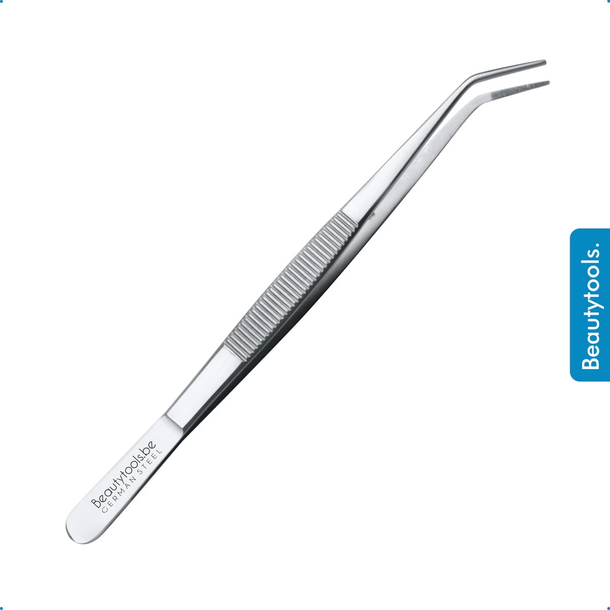 BeautyTools Punt Pincet SOLID-GRIP - Pincet met Microvertanding Voor Splinters en Hobby - Kromme Bek - Tweezers (16 cm) - Inox (PT-2083)