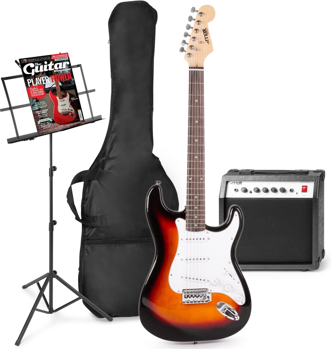 Elektrische gitaar met gitaar versterker - MAX Gigkit - Perfect voor beginners - incl. muziekstandaard, gitaar stemapparaat, gitaartas en plectrum - Sunburst