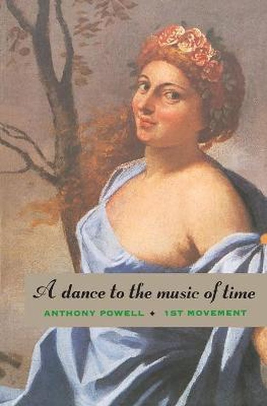 Boekomslag van 'A dance to the music of time' met schilderij van een vrouw met bloemen in haar haar, blauwe doek en een boom.