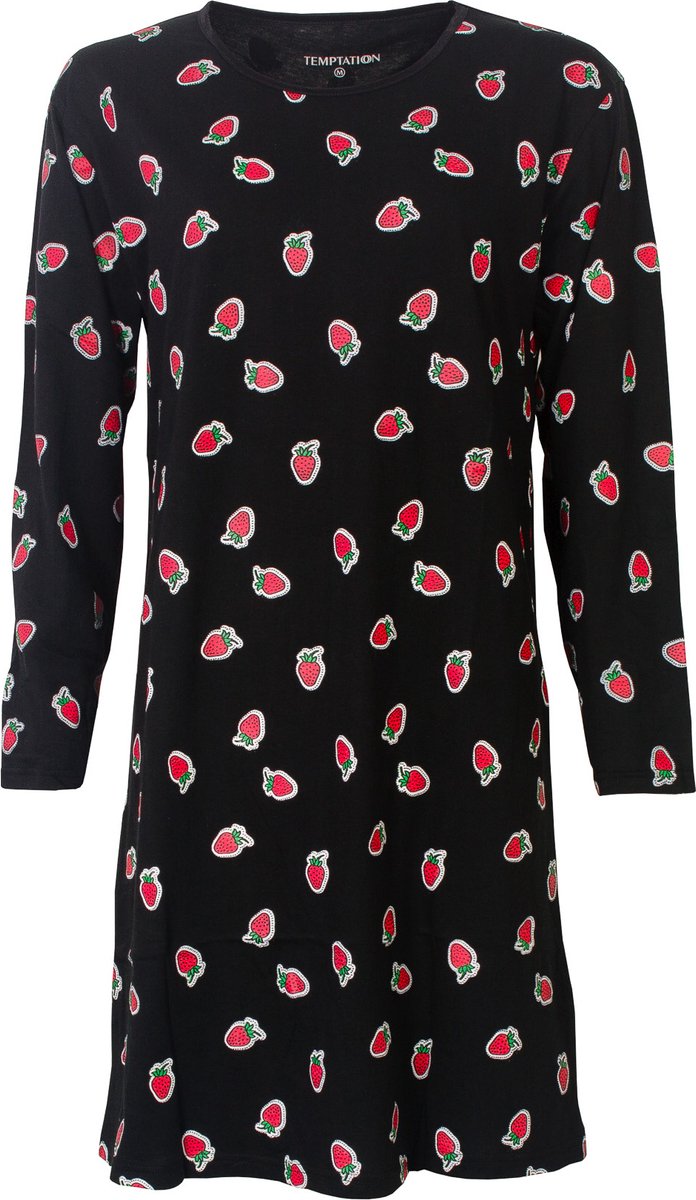Temptation Dames Bigshirt - Aardbeien dessin - Zwart