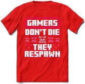 Gamers don't die pixel T-shirt | Roze | Gaming kleding | Grappig game verjaardag cadeau shirt Heren – Dames – Unisex | - Rood - XL