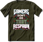 Gamers don't die T-shirt | Gaming kleding | Grappig game verjaardag cadeau shirt Heren – Dames – Unisex | - Leger Groen - S