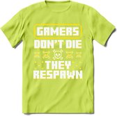 Gamers don't die pixel T-shirt | Geel | Gaming kleding | Grappig game verjaardag cadeau shirt Heren – Dames – Unisex | - Groen - L
