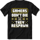 Gamers don't die pixel T-shirt | Geel | Gaming kleding | Grappig game verjaardag cadeau shirt Heren – Dames – Unisex | - Zwart - M
