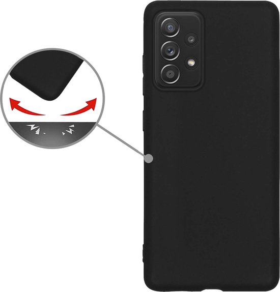 Coque de téléphone noire antichoc pour Samsung Galaxy A53, avec gros plan sur l'absorption des chocs.