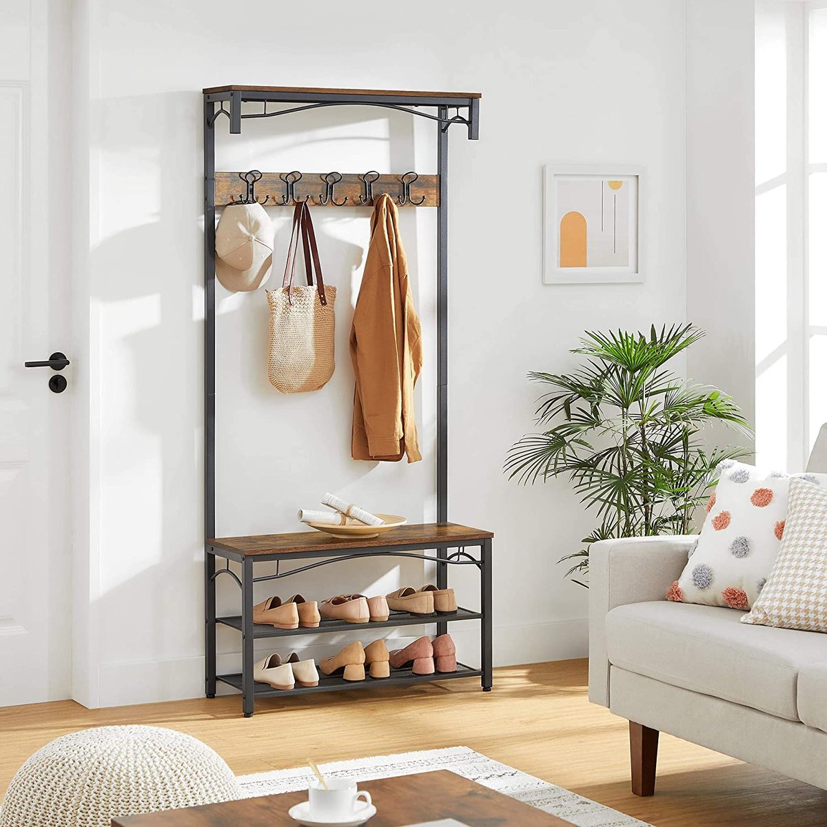 Garderobe Kapstok - Staande Kapstok met schoenenrek - Schoenen - Hout en Metaal - Industrieel - Vintage - Kledingrek - Schoenenrek - Zitbank - Donkerbruin - HSR45BX – foto 4