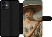 Bookcase Geschikt voor iPhone 12 telefoonhoesje - Meisje met een brede hoed - Schilderij van Caesar Boëtius van Everdingen - Met vakjes - Wallet case met magneetsluiting