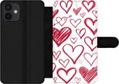 Bookcase Geschikt voor iPhone 12 telefoonhoesje - Een illustratie met verschillende hartjes op een witte achtergrond - Met vakjes - Wallet case met magneetsluiting