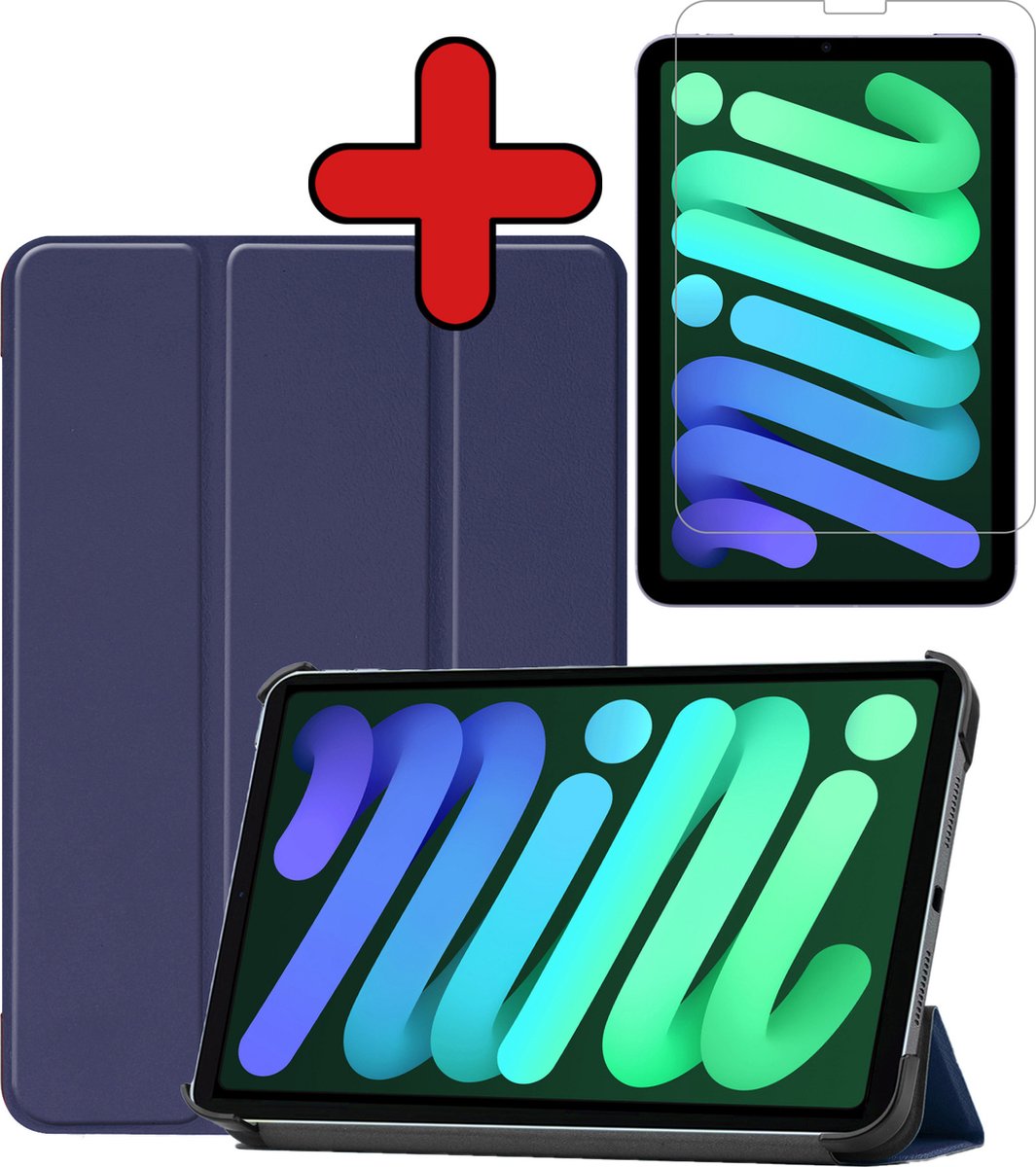 Hoesje Geschikt voor iPad Mini 6 Hoes Case Tablet Hoesje Tri-fold Met Screenprotector - Hoes Geschikt voor iPad Mini 6 Hoesje Hard Cover Bookcase Hoes - Donkerblauw.