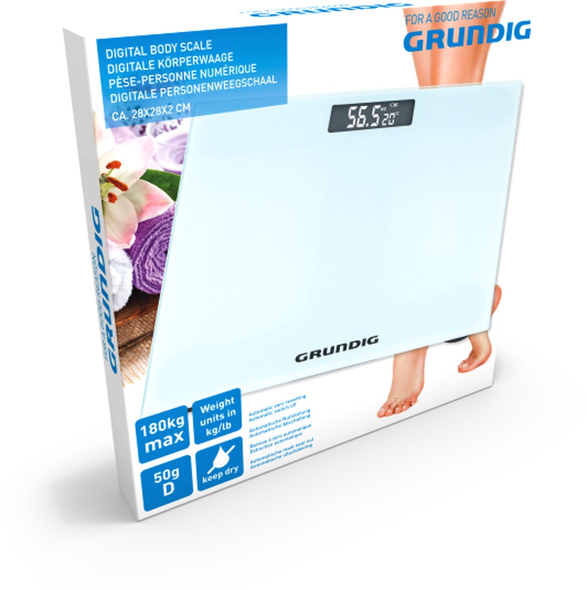 Grundig Digitale Personen Weegschaal - Weegschaal tot 180kg - Personenweegschaal meet in kg/lb - Precisieweegschaal tot 500gr Nauwkeurig - met Digitaal Display - Wit - Glas