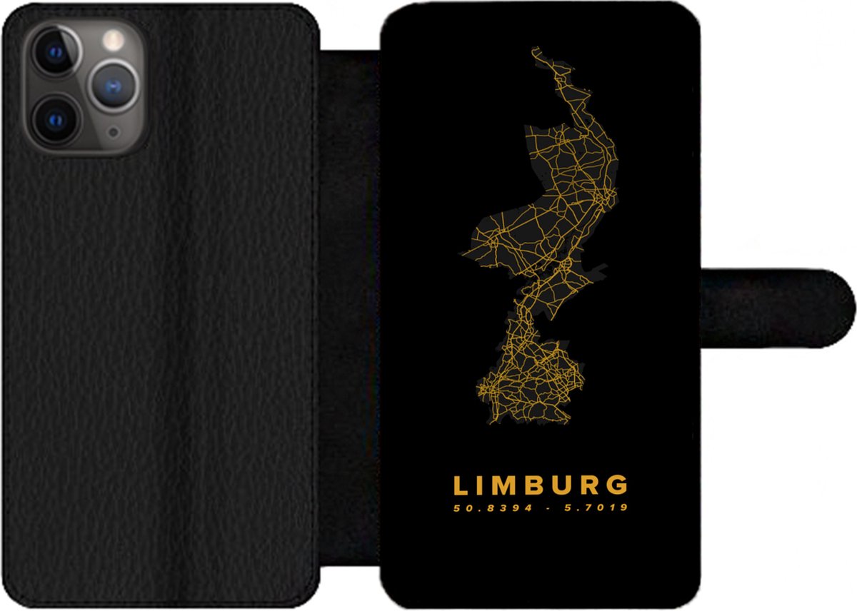 Telefoonhoesje Geschikt voor iPhone 11 Pro telefoonhoesje - Limburg - Wegenkaart Nederland - Zwart - Goud - Met vakjes - Wallet case met magneetsluiting