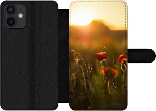 Foto: Bookcase geschikt voor iphone 12 mini telefoonhoesje klaproos zonsondergang goud met vakjes wallet case met magneetsluiting