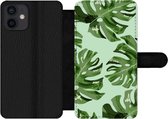 Bookcase Geschikt voor iPhone 12 Mini telefoonhoesje - Bladeren - Tropisch - Pastel - Met vakjes - Wallet case met magneetsluiting