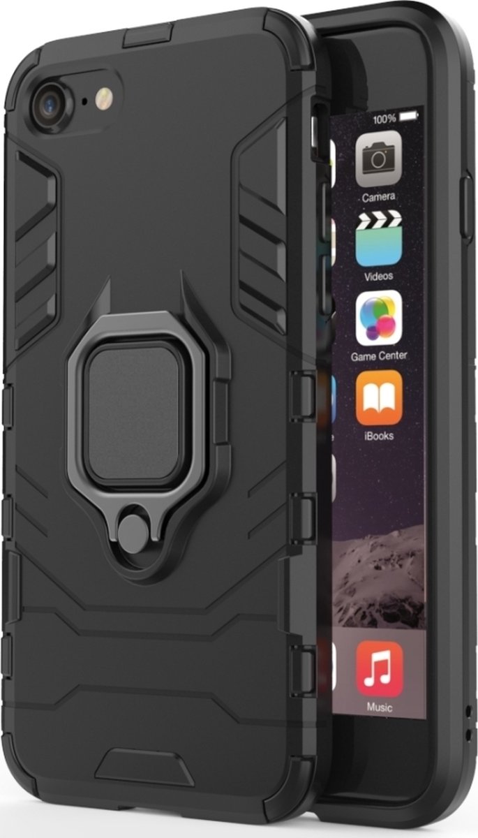 Mobigear Hoesje geschikt voor Apple iPhone SE (2020) Telefoonhoesje Hardcase | Mobigear Armor Ring Backcover Shockproof met Ringhouder | Schokbestendig iPhone SE (2020) Telefoonhoesje | Anti Shock Proof - Zwart
