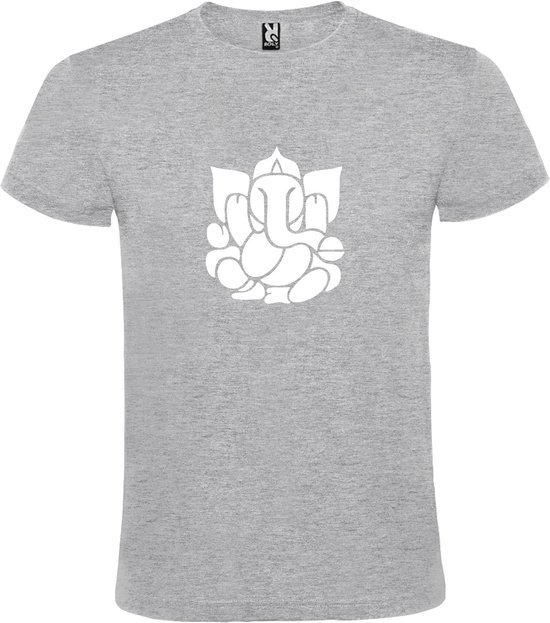 Grijs  T shirt met  print van de "heilige Olifant Ganesha " print Wit size M