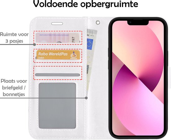 Hoesje - Met Screenprotector - Geschikt voor Apple iPhone 13 Pro Max - Luxe Pasjeshouder - Bookcase Portemonee - Flip Case - Kunstleer Book Case - Flipcase - Book Cover - Walletcase - Portemonneehoes - Telefoonhoesjes - Wit