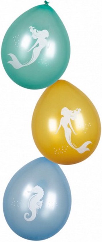 ballonnen Zeemeermin junior 25 cm latex groen/goud/blauw 6 stuks
