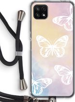 Case Company® - Samsung Galaxy A22 5G hoesje met Koord - White butterfly - Telefoonhoesje met Zwart Koord - Bescherming aan alle Kanten en Over de Schermrand