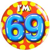 button I'm 69 staal 5,5 cm geel/blauw/rood
