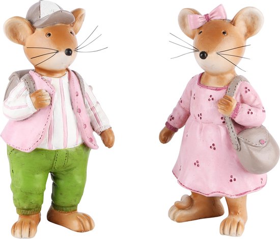 Set van 2 muizen / muis / muizen met rugzak en tas - Roze /groen / creme / wit -  7 x 7 x 15 cm hoog.