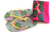 Teenslippers + draagtas, Palm print, roze/geel/groen, maat 39