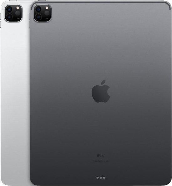 Zilveren en grijze iPad Pro met Apple logo en dubbele camera. Beide iPads op de achterkant.