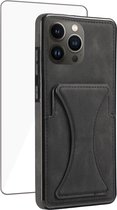 iPhone 13 Mini Pasjes Houder Hoesje + iPhone 13 Mini Screenprotector – Gehard Glas Cover - Portemonnee Hoesje met Kickstand - Magnetisch - Zwart