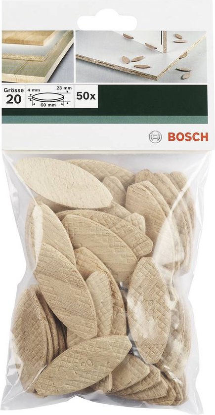 Verpakking met 50 ovale, beige lamellen deuvels van hout, maat 20, 4 mm hoog en 23 mm breed.