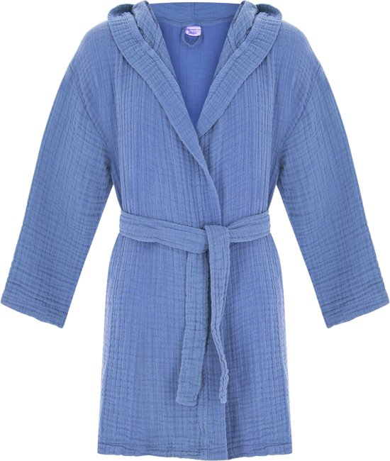 Badjas enfant avec capuche | Mousseline 100% coton | peignoir pour enfants pour garçons et filles | Douche et Piscine et Plage | Blauw 3/4 ans