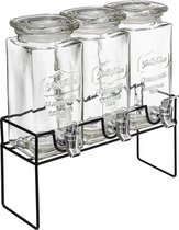 Set van 3x stuks glazen drank dispensers 1,5 liter in houder met metalen kraantje - Sapdispenser - Drankdispenser