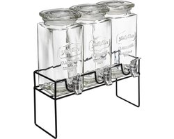 Secret de Gourmet Dranksdispenser/limonadetap - 3x - glas - 1,5 liter - in houder - metalen kraantje - Sapdispenser - Drankdispenser