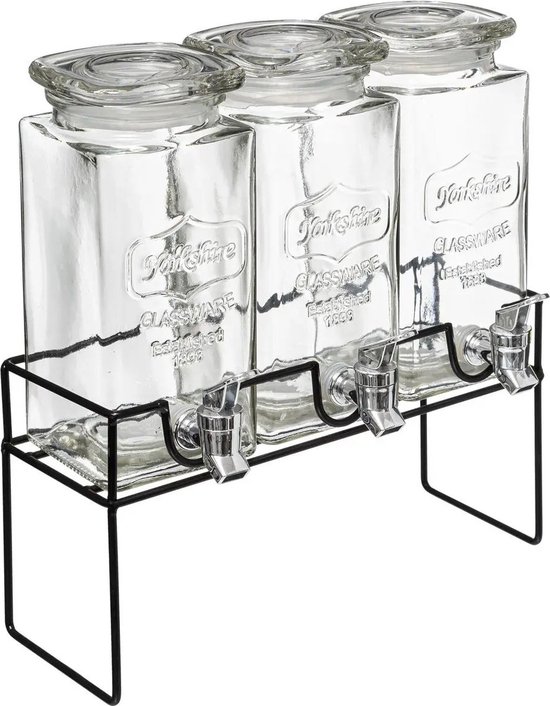 Set de 3x distributeurs de boissons en verre 1,5 litre dans support avec  robinet en