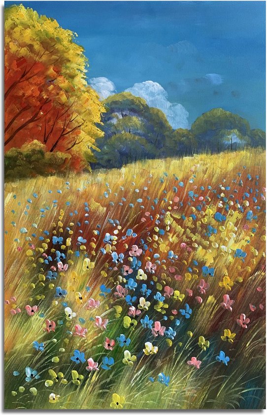 Peinture colline de fleurs 60 x 90 - Artello - peinture peinte à la main avec signature - 700+ collection Artello peintures